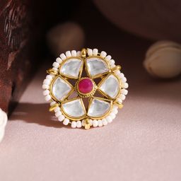 Rubans 22K Gold Plated Kundan Studded Pearl Beaded Floral Motif Adjustable Finger Ring-56