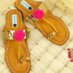 PehnawaCraft Ethnic Embellished Mirror Pompom Leather One Toe Flats-image-7