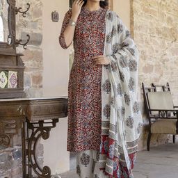 Nayo Women Maroon & Cream-Coloured Printed Kurta with Palazzos & Dupatta-40