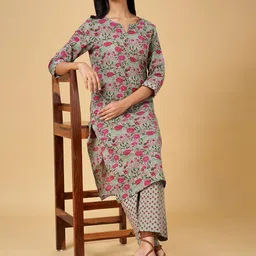 RANGMANCH BY PANTALOONS Women Grey Floral Printed Pure Cotton Kurti with Trousers-image-27