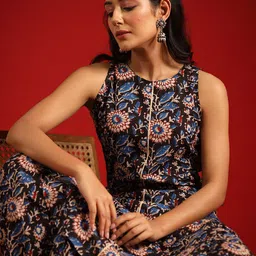 anayna Women Black Floral Printed Pure Cotton Kurta with Dhoti Pants-17