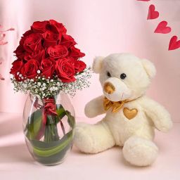 Radiant Roses in Vase with Teddy Bear-image-77
