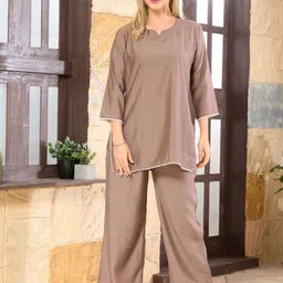 NIGHT FLOSS Round Neck Three-Quarter Sleeves Pure Cotton Top With Palazzo-39