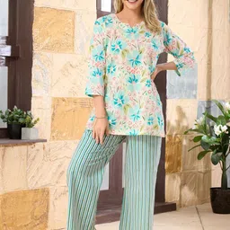 NIGHT FLOSS Printed Round Neck Three-Quarter Sleeves Pure Cotton Top With Palazzo-picture-19