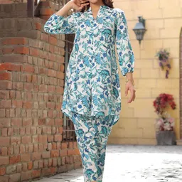 Rain & Rainbow Floral Printed Mandarin Collar Three Quarter Sleeve Tunic Top & Trouser-picture-20