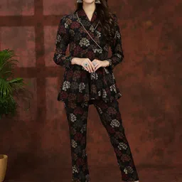 Claura Black Ethnic Motifs Printed V-Neck Tunic With Flared Trouser Ethnic Co-Ords-53