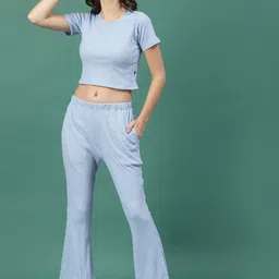 Rigo Ribbed Round Neck short Sleeves Drop Needle Casual Crop Top With Trousers-image-33