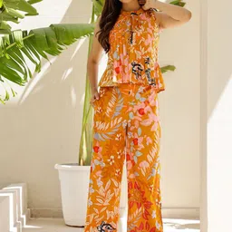 SANSKRUTIHOMES Printed Mandarin Collar Sleeveless Pure Cotton Top And Trouser Co-Ords-image-0