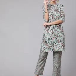 Jaipur Kurti Women Green Floral Printed Pure Cotton Kurta with Trousers-image-97