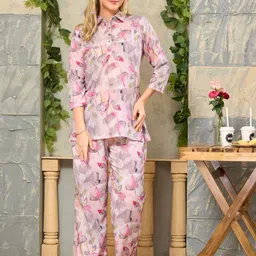 NIGHT FLOSS Printed Shirt Collar Three-Quarter Sleeves Pure Cotton Top With Palazzo-30