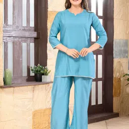 NIGHT FLOSS Round Neck Three-Quarter Sleeves Pure Cotton Top With Palazzo-picture-22
