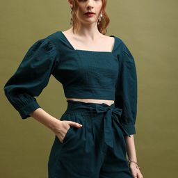 Tokyo Talkies Teal Green Square Neck Pure Cotton Top With Shorts-image-41