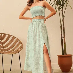 STREET 9 Floral Printed Strapless Smocked Crop Top And Skirt Co-Ords-image-41