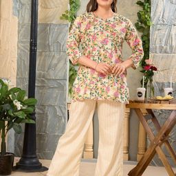 NIGHT FLOSS Printed Round Neck Three-Quarter Sleeves Pure Cotton Top With Palazzo-picture-19