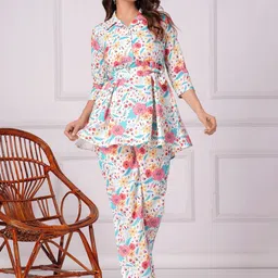 Vastralay Floral Printed Shirt Collar Tie-Up Belt Tunic With Trousers-picture-31