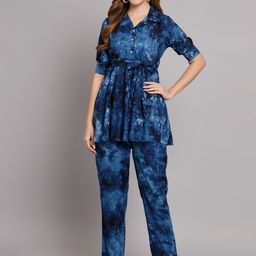KALINI Tie & Dye Printed Notched Lapel Collar Top with Trousers image 1