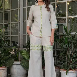 KALINI Embroidered Shirt Collar Three-Quarter Sleeves Shirt With Trouser-image-18
