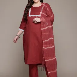Readiprint Fashions Plus Size Lace Detailed Pure Cotton Kurta & Trousers With Dupatta image 1