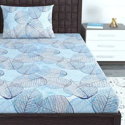 Divine Casa Blue & White Floral 144 TC Single Bedsheet with 1 Pillow Covers-image-72
