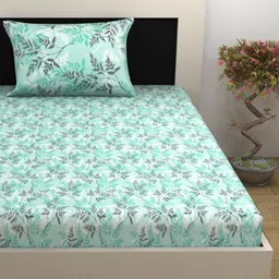 Divine Casa Sea Green & Black Floral 144 TC Single Bedsheet with 1 Pillow Covers-image-96