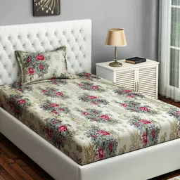 SWAYAM Beige & Grey Floral 144 TC Cotton 1 Single Bedsheet with 1 Pillow Covers-image-57