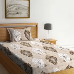 Arrabi Brown & White Ethnic Motifs 300 TC Single Bedsheet with 1 Pillow Covers-image-84