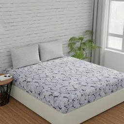Huesland Grey & White Floral Cotton 144 TC King Bedsheet with 2 Pillow Covers-image-83