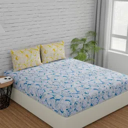 Huesland Blue & Yellow  Floral Cotton 144 TC King Bedsheet with 2 Pillow Covers-image-21