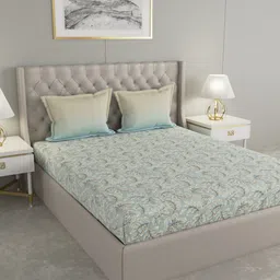 GM Green & Grey Floral 144 TC Cotton Super Queen Bedsheet with 2 Pillow Covers-image-13