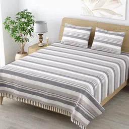 Varde Grey & Cream-Coloured Striped 210 TC Cotton King Bedsheet with 2 Pillow Covers-22