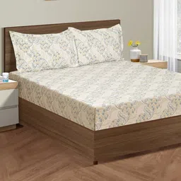 SWAYAM Grey & Cream-Coloured Floral Cotton Fitted 160 TC King Bedsheet & 2 Pillow Covers-32