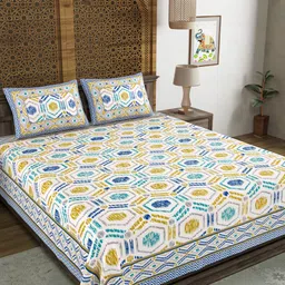 BLOCKS OF INDIA Blue & Pink Geometric Cotton 210 TC King Bedsheet & 2 Pillow Covers-image-27