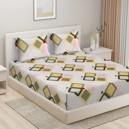 HOSTA HOMES White & Yellow Geometric 280 TC King Bedsheet with 2 Pillow Covers-35