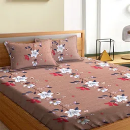 Aura Brown and White Floral 180 TC Queen Bedsheet with 2 Pillow Covers-image-4