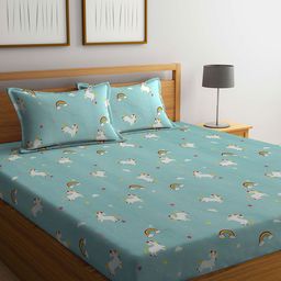 Arrabi Blue & White Cartoon Characters 300 TC King Bedsheet with 2 Pillow Covers-19