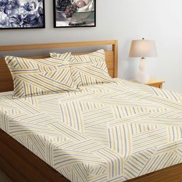 Arrabi Beige & Blue Striped 300 TC King Bedsheet with 2 Pillow Covers 130 GSM-24