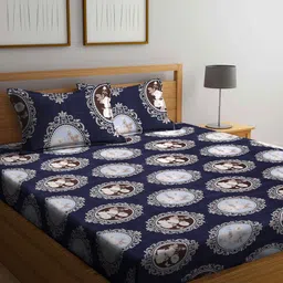 Arrabi Blue & Brown Ethnic Motifs 300 TC King Bedsheet with 2 Pillow Covers-image-60