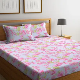 Cortina Pink & White Floral 144 TC Cotton 1 Queen Bedsheet with 2 Pillow Covers-image-48
