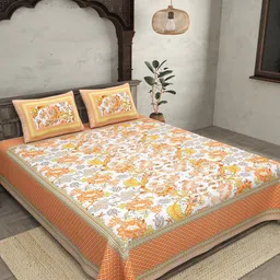 JAIPUR FABRIC Orange & White Floral 120 TC Cotton Queen Bedsheet with 2 Pillow Covers-10