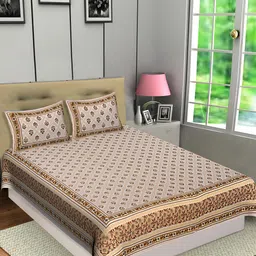 Texstylers Orange Floral Cotton 144 TC Queen Bedsheet with 2 Pillow Covers-image-37