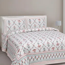 Texstylers Pink & Grey Floral Cotton 144 TC Queen Bedsheet with 2 Pillow Covers-37