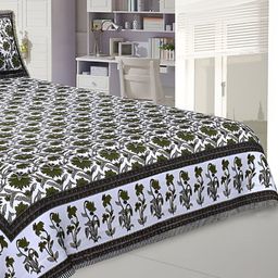 Texstylers White & Green Floral Cotton 144 TC Queen Bedsheet with 2 Pillow Covers-image-84