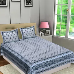 Texstylers Grey & Black Floral Printed Cotton 144 TC Queen Bedsheet With 2 Pillow Covers-picture-1