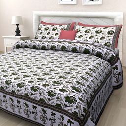 Texstylers Green & White Floral Cotton 144 TC Queen Bedsheet with 2 Pillow Covers-image-79