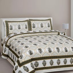 Texstylers White & Green Floral Cotton 144 TC Queen Bedsheet with 2 Pillow Covers-image-76