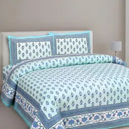 Texstylers Blue & Grey Floral Printed Cotton 144 TC Queen Bedsheet With 2 Pillow Covers-picture-21