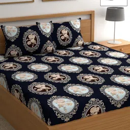 CHHAVI INDIA Navy Blue & Cream-Coloured Floral 210 TC Queen Bedsheet with 2 Pillow Covers-26
