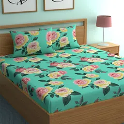 CHHAVI INDIA Sea Green & Pink Floral 210 TC Queen Bedsheet with 2 Pillow Covers-picture-16