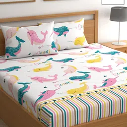 CHHAVI INDIA White & Yellow Conversational 210 TC Queen Bedsheet with 2 Pillow Covers-image-12