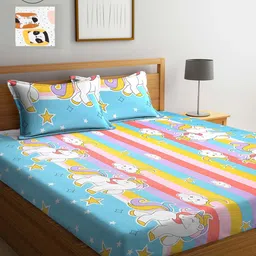 KLOTTHE White & Blue Cartoon Characters 210 TC 2 King Bedsheet with 4 Pillow Covers-image-57
